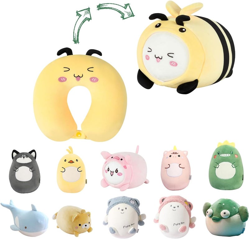 stocaggio Kids Travel Pillow - 2-in-1 Deformable Kids Neck Pillow for Traveling, Soft U-Shaped Pillow with Adorable Animal Design, Comfy Sleep and Play, Ideal for Airplane Traveling - Yellow Bee - Image 1